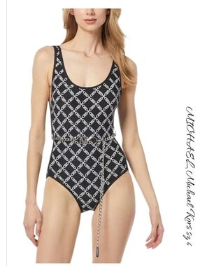 MICHAEL Michael Kors Empire Logo Belted One Piece Swimsuit Black Sz 6 NWT